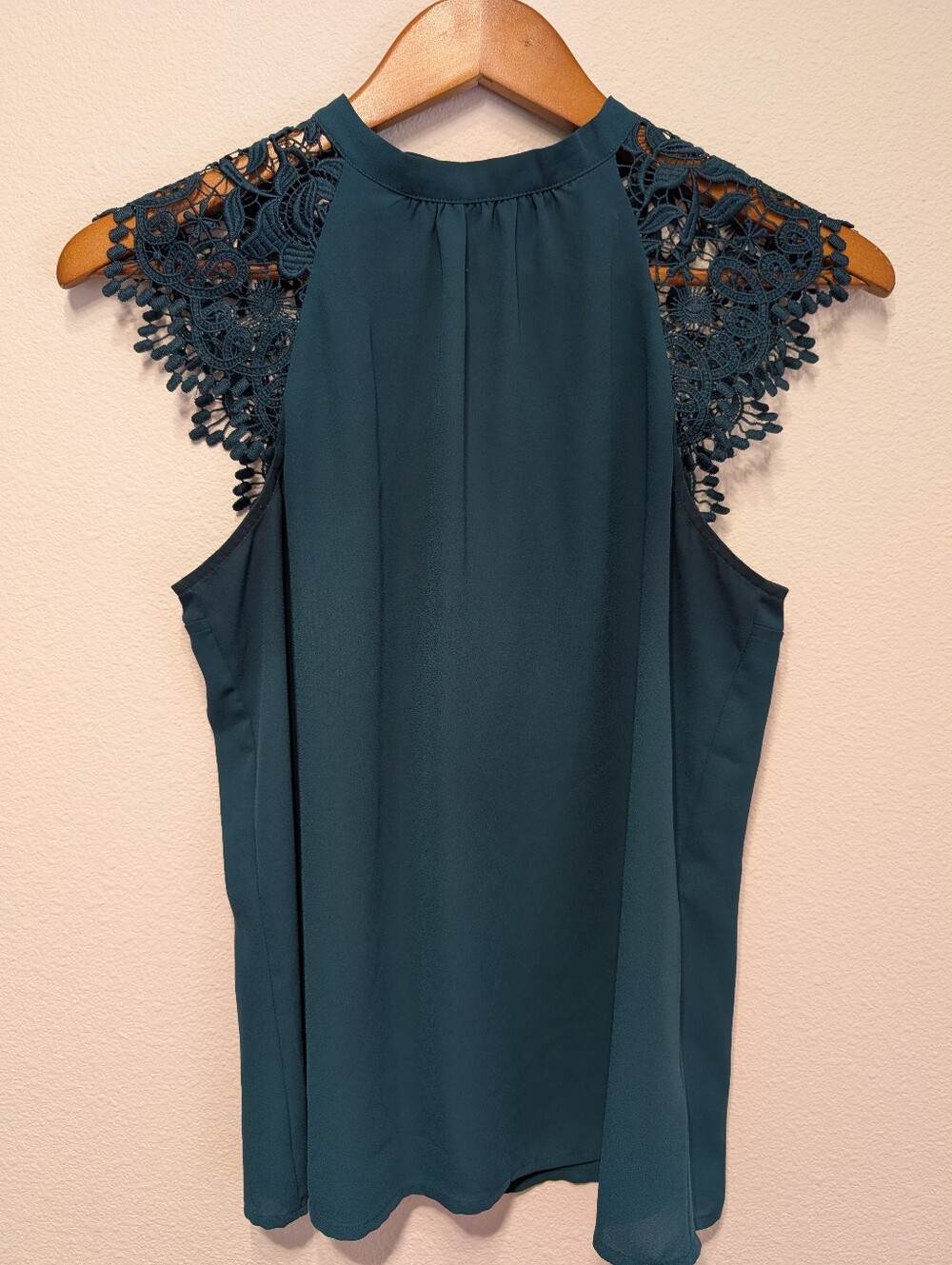 Sleeveless Crochet Yoke Halter Top - Emerald Green